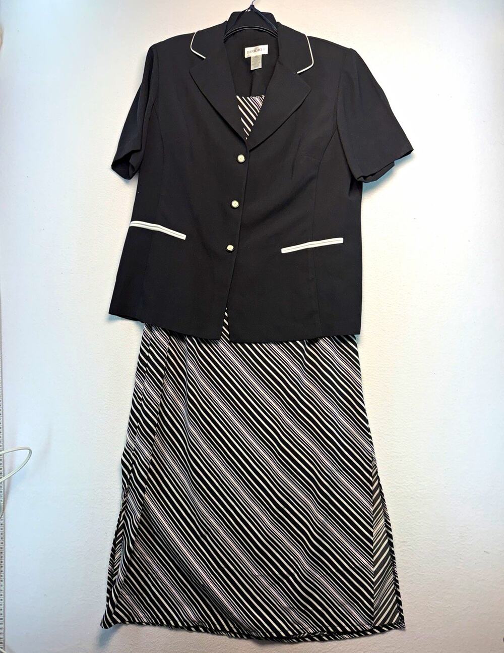 Studio I women’s 16W 2pc business set jacket & striped dress black/white vintage